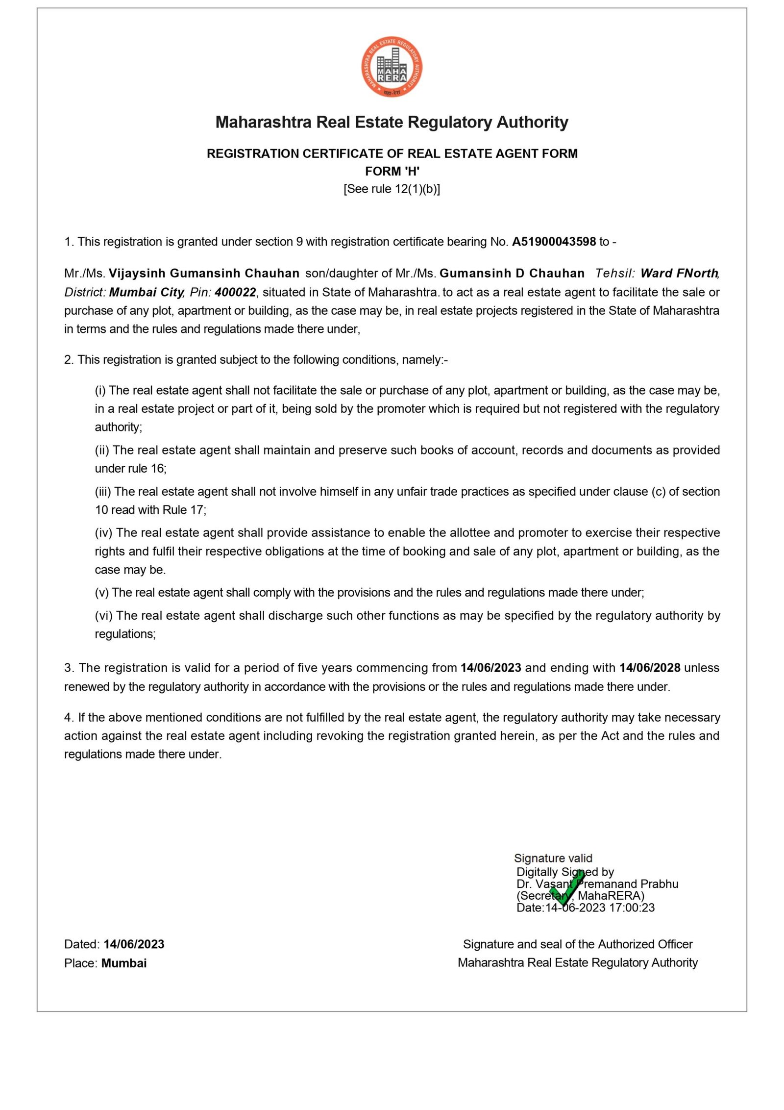 Vijaysinh Gumansinh Chauhan RERA Certificate